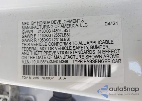 2021 Acura Tlx Technology Package z USA, uszkodzony, nr VIN 19UUB5F4XMA014346